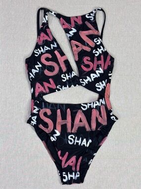 SHAN Graffiti Cutout One Piece Swimsuit Black Pink Statement S